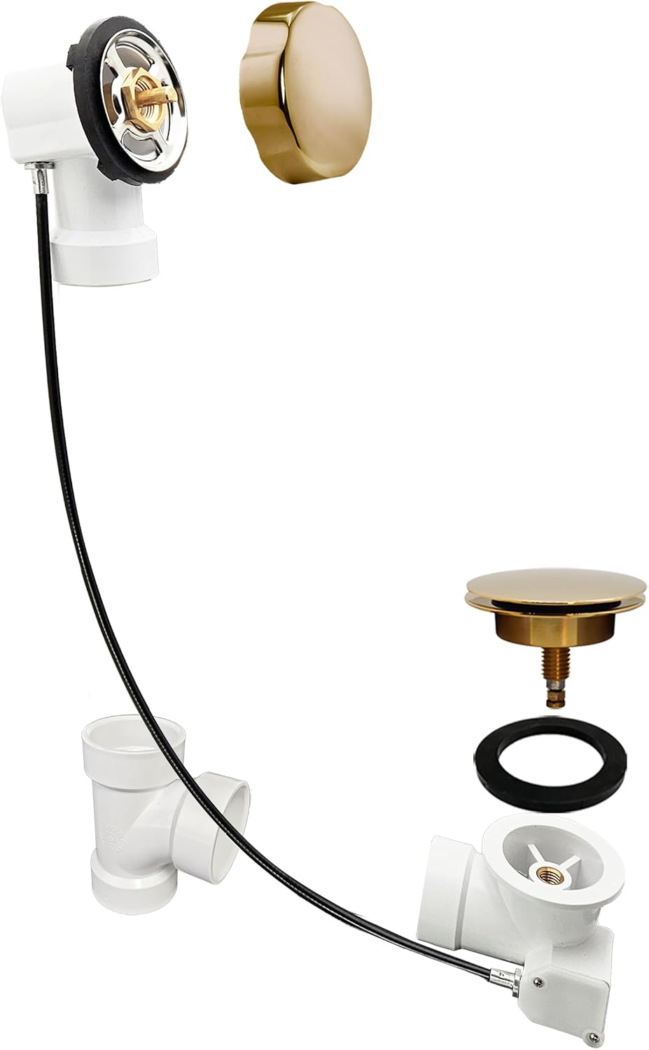 Westbrass A50P45-01 45' SCH. 40 PVC Cable Driven Bath Drain Trim Kit with Rotary Overflow Cover Knob and Pop-Up Stopper, Polished Brass