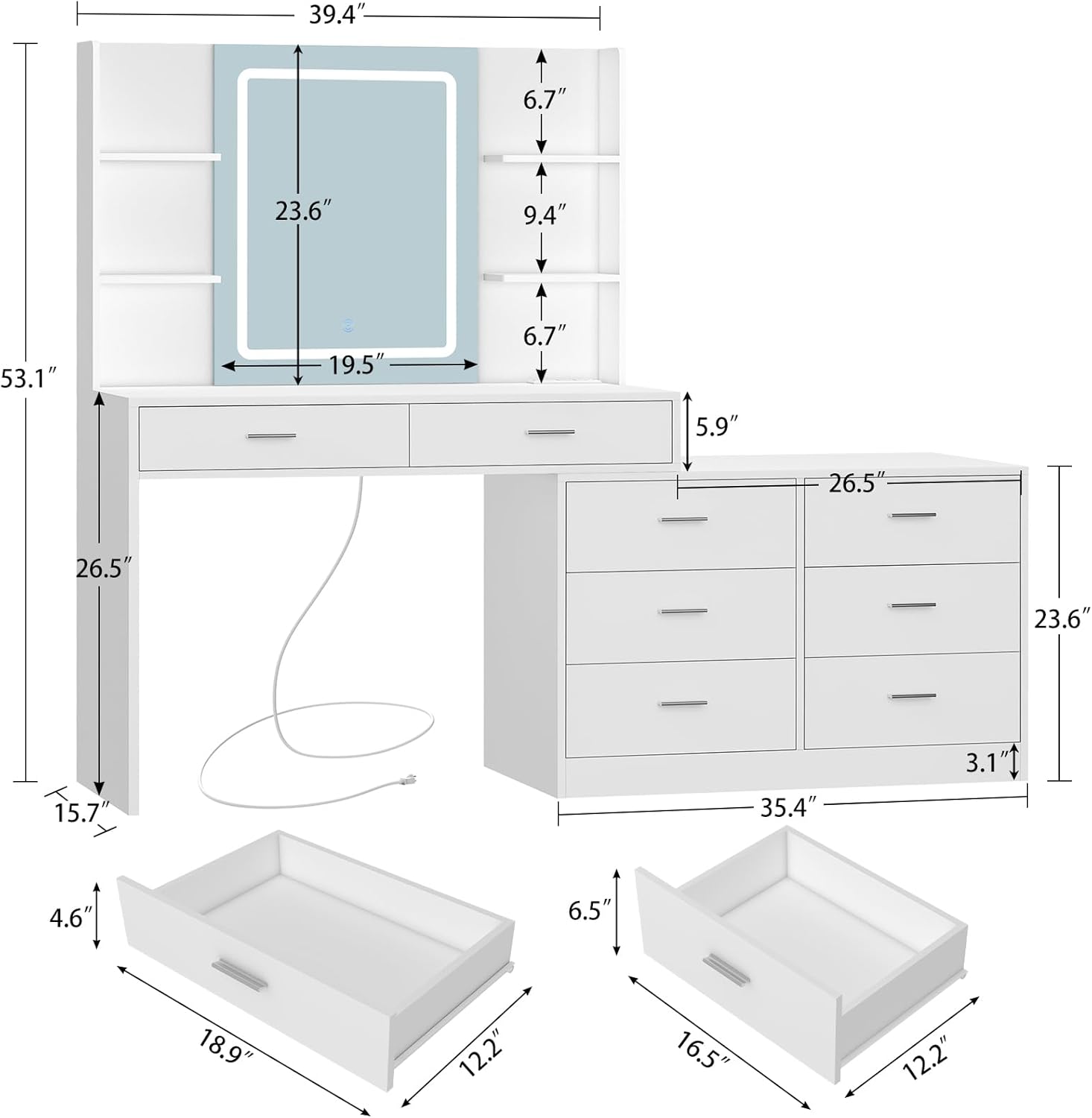 Quimoo Vanity Desk with LED Lighted Mirror & Power Outlet, Modern Corner Makeup Vanity Table with 8 Drawers & Open Shelves, Dressing Table for Bedroom, Makeup Room, White