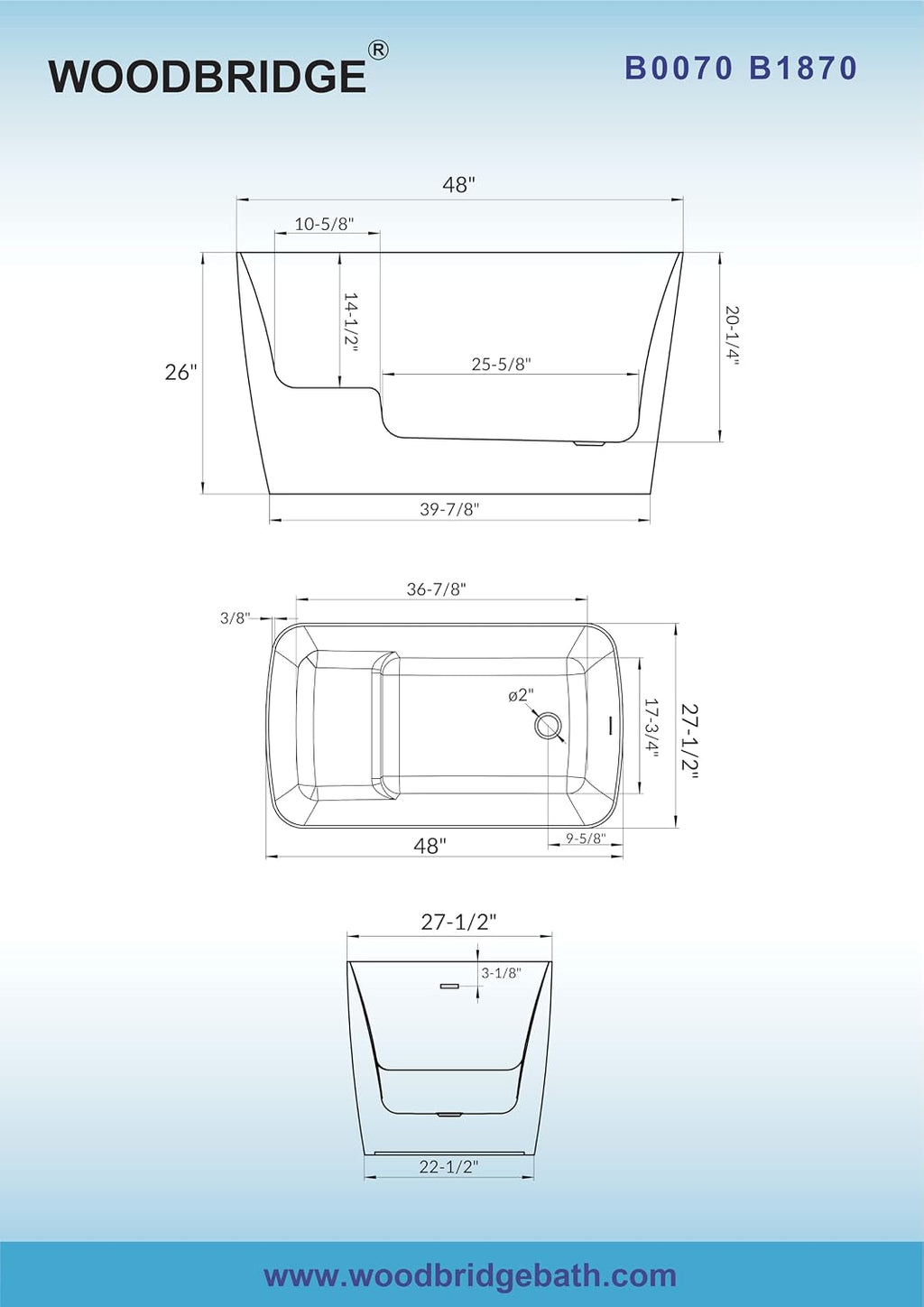 WOODBRIDGE 48' Acrylic Freestanding Square Shape Janpanese Soaking Tub with Pre-molded Seat and Matte Black Pop-UP Drain and Overflow Option, Black, B1870-MB