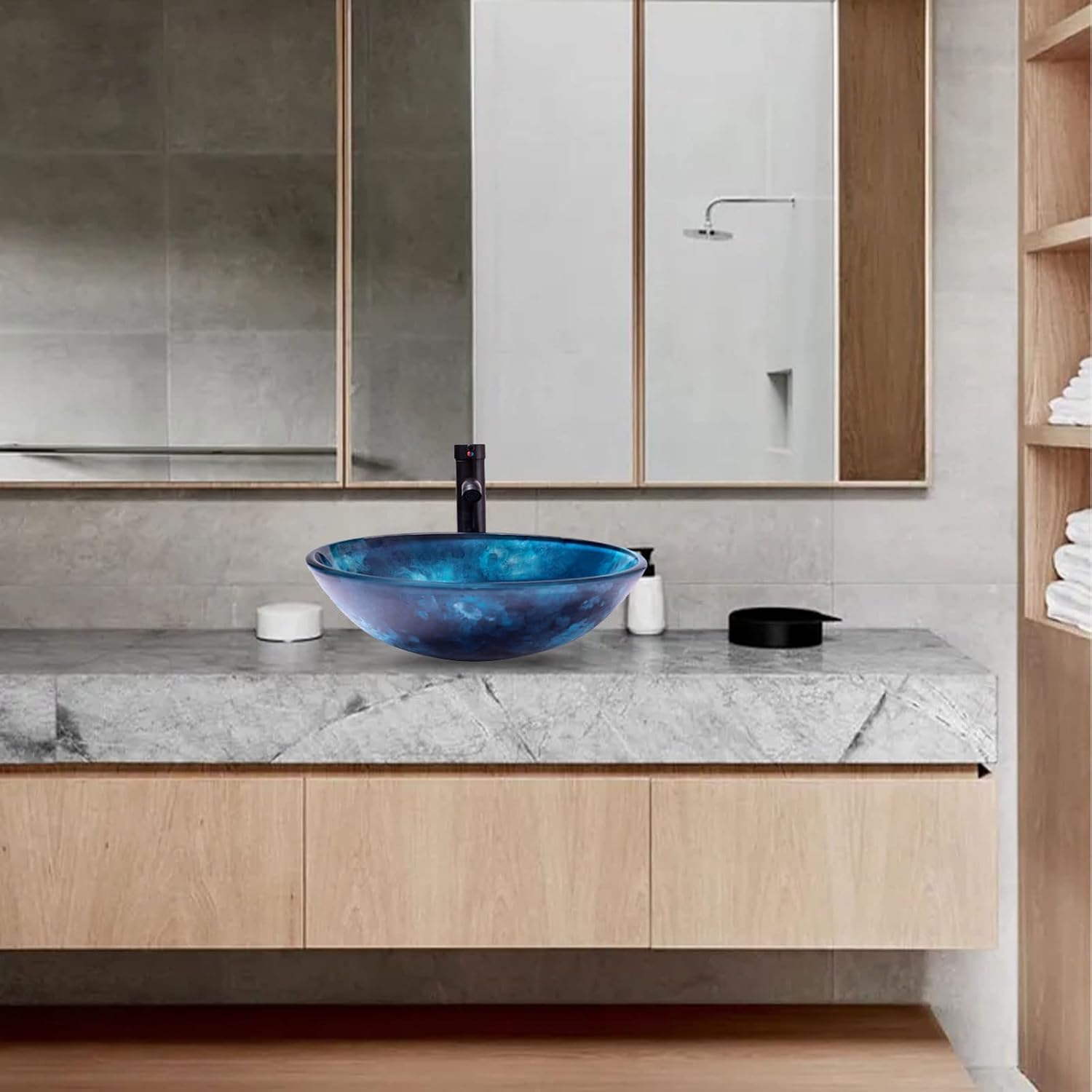 Vessel Sink 16.5' Bathroom Sinks Tempered Glass Blue Art Basin Round Bowl with Faucet Combo Blue,Modern Countertop Bowl Sink for Lavatory Vanity Cabinet