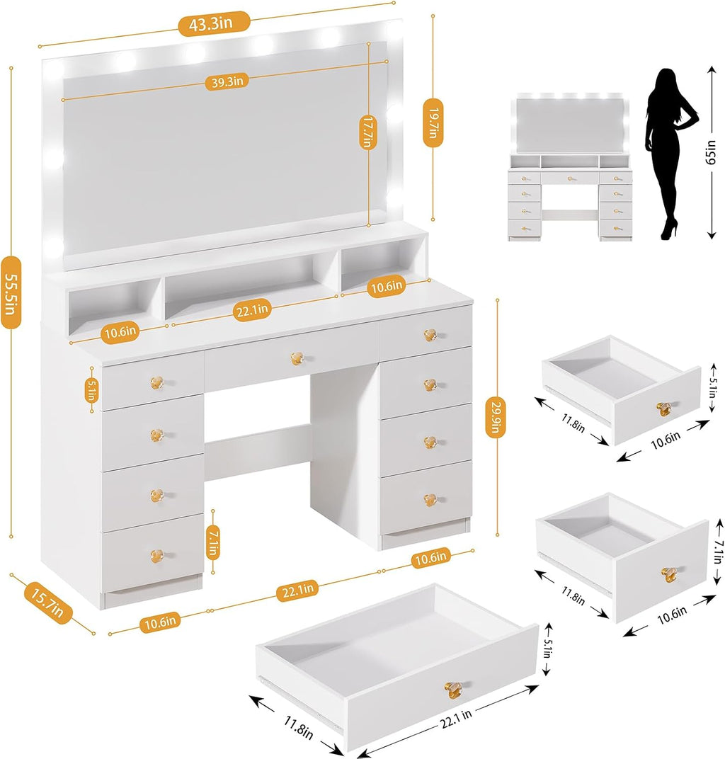 DINGIPP Vanity Desk with Lighted Mirror, Makeup Vanity Table with Power Outlet, 9 Drawers & Crystal Handles, 43.3' Large Vanity Desk Dressing Table for Women, Girls, Bedroom, White