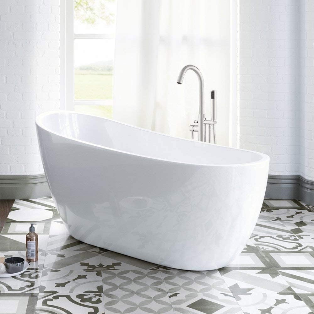 WOODBRIDGE 54' Acrylic Freestanding Bathtub Contemporary Soaking White Tub with Chrome Overflow and Drain，B0006 -C-Drain &O