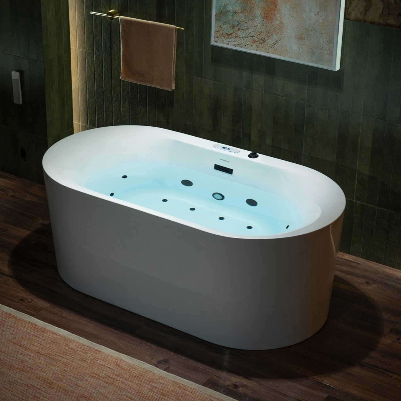 WOODBRIDGE 59' x 31-1/2' Whirlpool and Air Bath Heated Soaking Combination Tub with Adjustable Speed Air Blower and Display Control Panel, Matte Black Finish Trim and Drain Kit, BM100