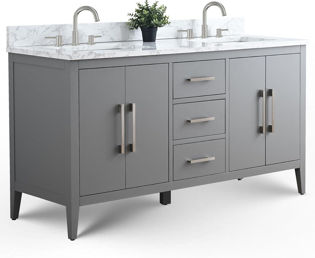 Vanity Art 60 inch Bathroom Vanity with Double Sink & Ceramic Top, Vanity Cabinet with Soft-Closing Doors, Drawers, Solid Wood Frame, Cashmere Gray,VA9060-DG-BN1