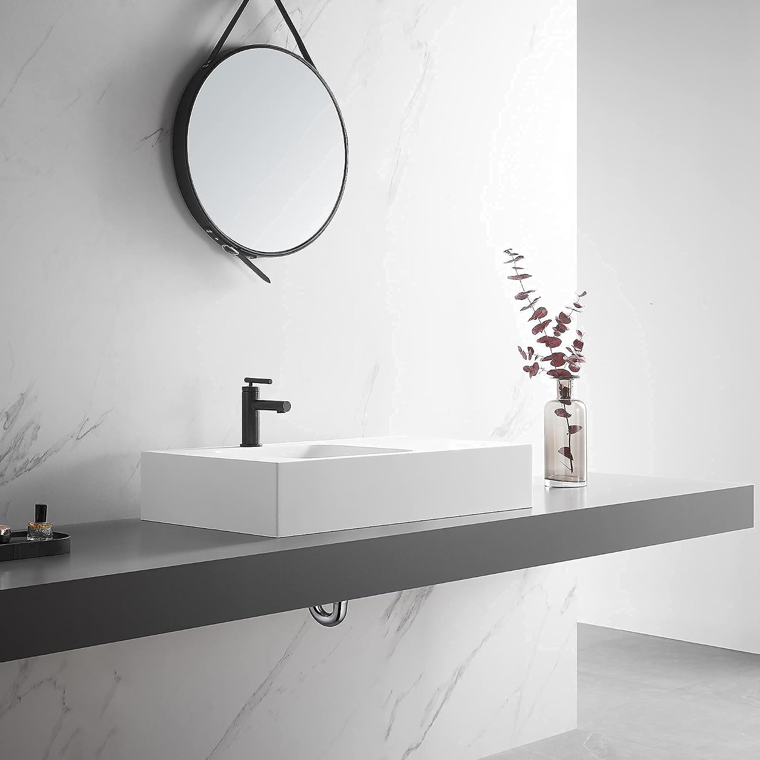 Serene Valley Bathroom Sink, Wall-Mount or On Countertop, 32' with Square Sink and Flat Space, Single Faucet Hole, Solid Surface Material