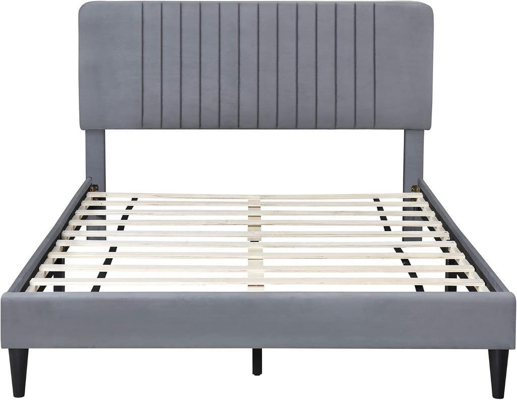 KLMM Elegant Full Size Upholstered Platform Bed,No Box Spring Needed, Velvet Fabric, Suitable for Bedroom Use, Easy to Assemble (Gray#K^)