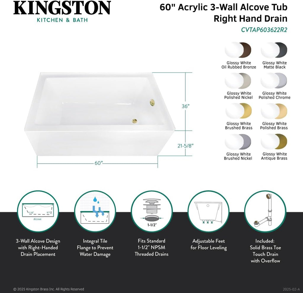 Aqua Eden CVTAP603622R1 60' Acrylic Rectangular 3-Wall Alcove Tub, Right Hand Drain, Glossy White/Polished Chrome