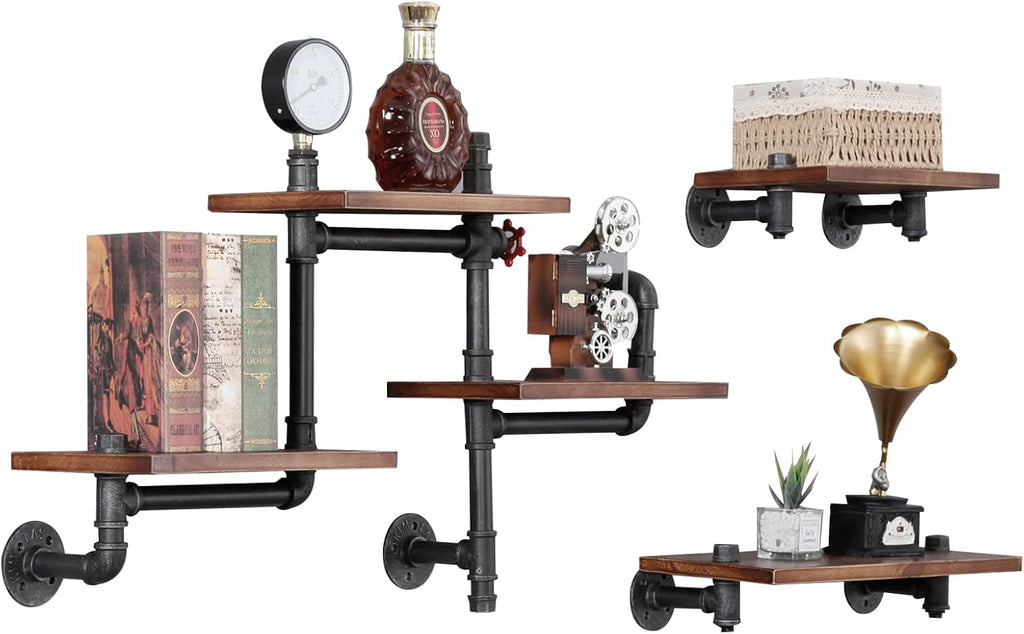 Industrial Floating Pipe Wall Shelves Rustic Wood Shelving, 5 Layer Pipe Design Bookshelf DIY Shelving for Living Room Bathroom Farmhouse Bar Industrial Decor
