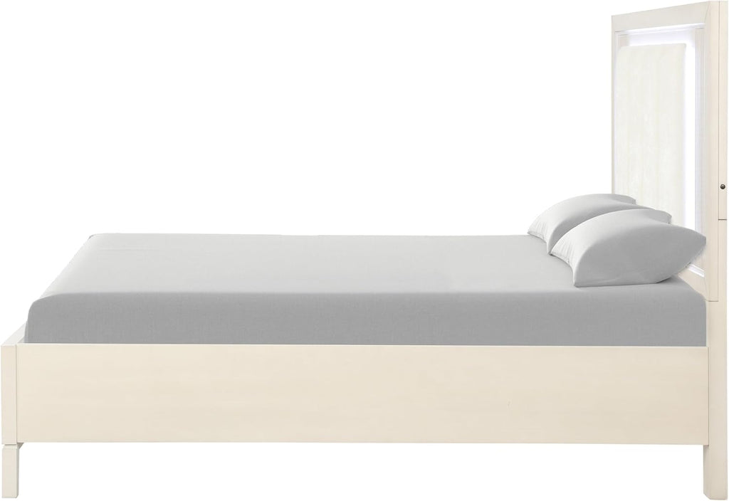 Furniture of America Oberlin Modern Solid Wood 5-Piece Bedroom Set with LED on Padded Fabric Headboard, Vertical Channel Tufting, Chrome Finger Pulls, Box Spring Needed, King, Antique White