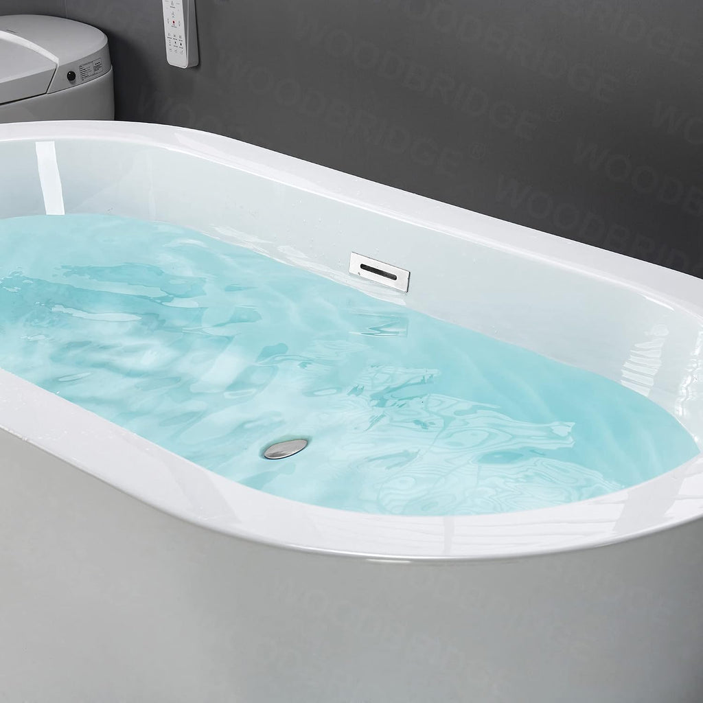 WOODBRIDGE 59' Acrylic Freestanding Bathtub Contemporary Soaking Tub, White Acrylic (Chrome Drain/Overflow),B0012 C-Drain &O