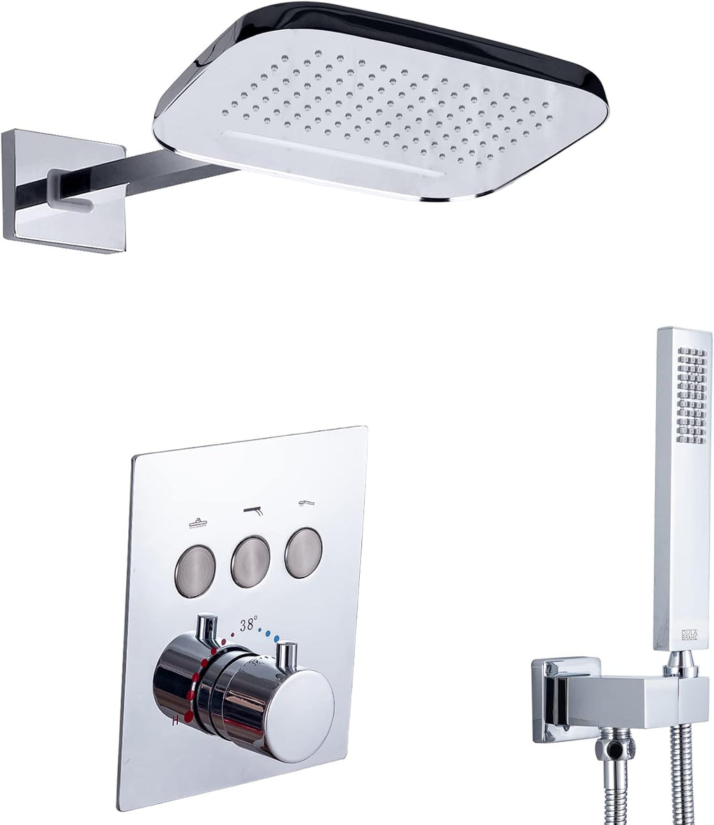 Chrome Thermostatic Shower System Fixture Set With Waterfall Rain Shower Head and Handheld (Can Use All Options at A Time)