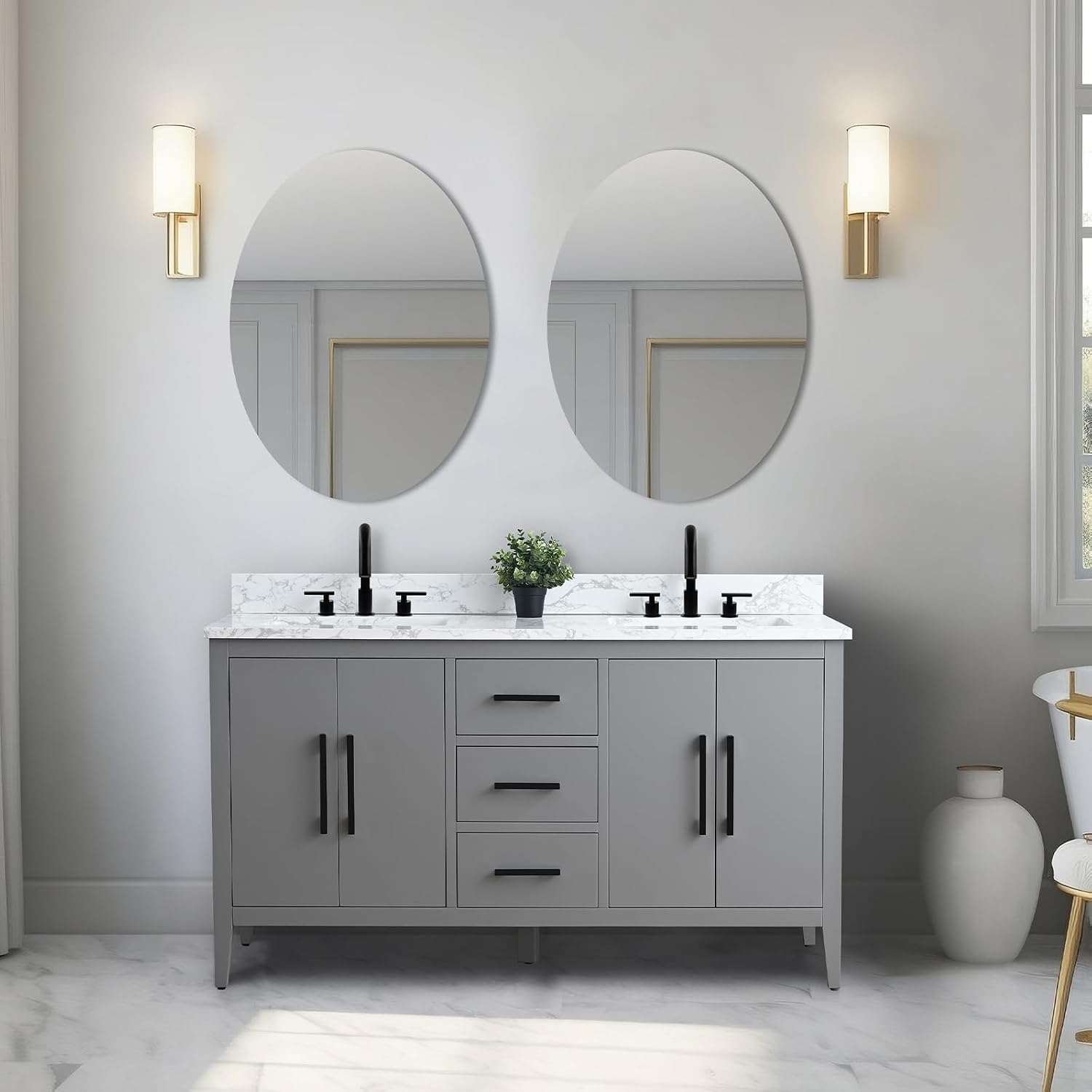 Vanity Art 60 inch Bathroom Vanity with Double Sink & Ceramic Top, Vanity Cabinet with Soft-Closing Doors, Drawers, Solid Wood Frame, Cashmere Gray,VA9060-DG-MB1