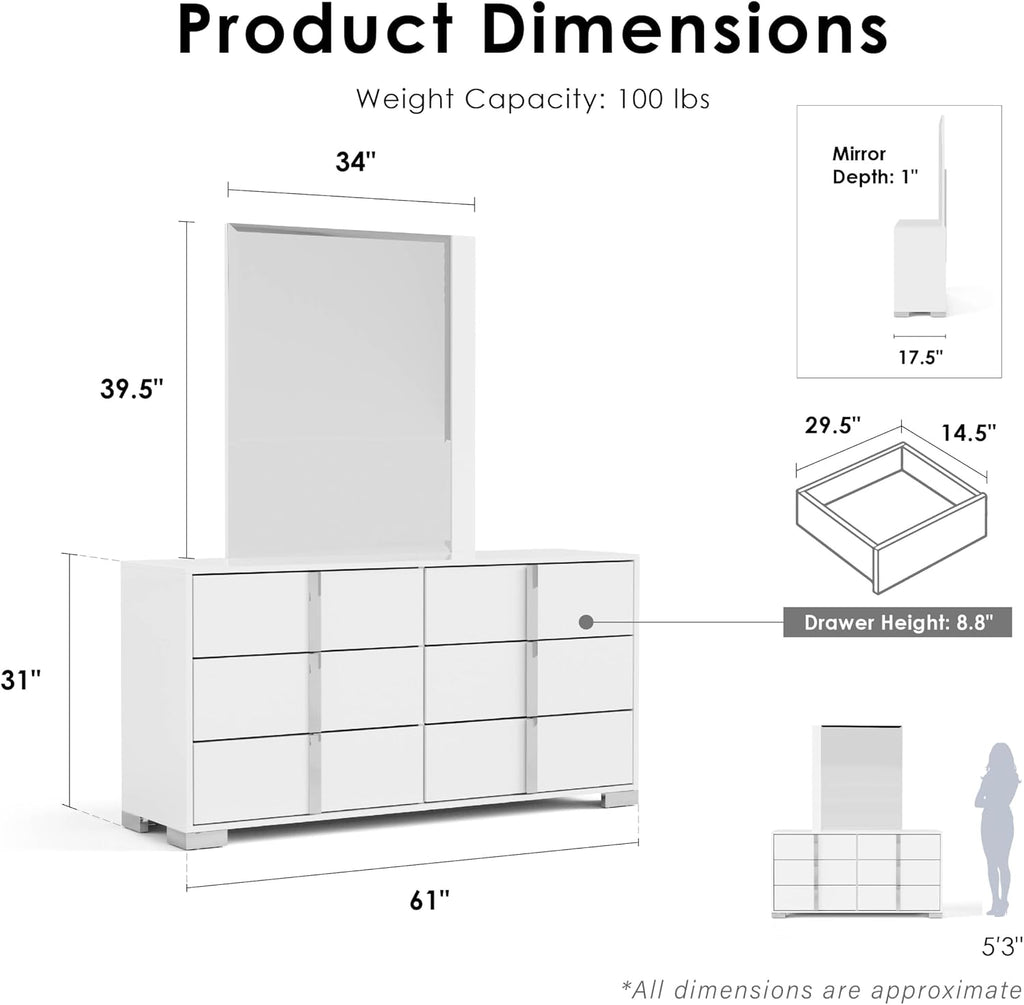Furniture of America Alistair Modern Wood 5-Piece Bedroom Collection with Bed Frame, 2-Drawer Nightstands and 6-Drawer Dresser with Mirror, Box Spring Required,White, Queen