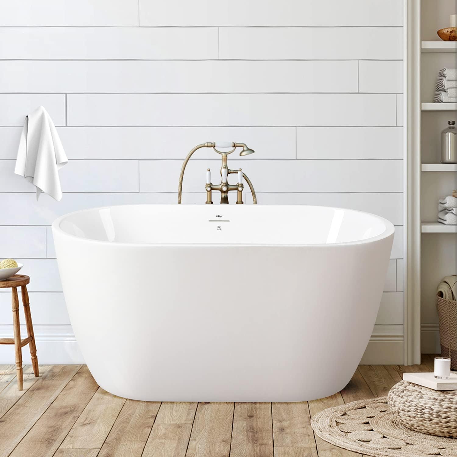 FerdY 47' Bali Acrylic Freestanding Bathtub, Gracefully Shaped Freestanding Soaking Bathtub, cUPC Certified, Toe-Tap Brushed Nickle Drain and Minimalist Linear Design Overflow Included
