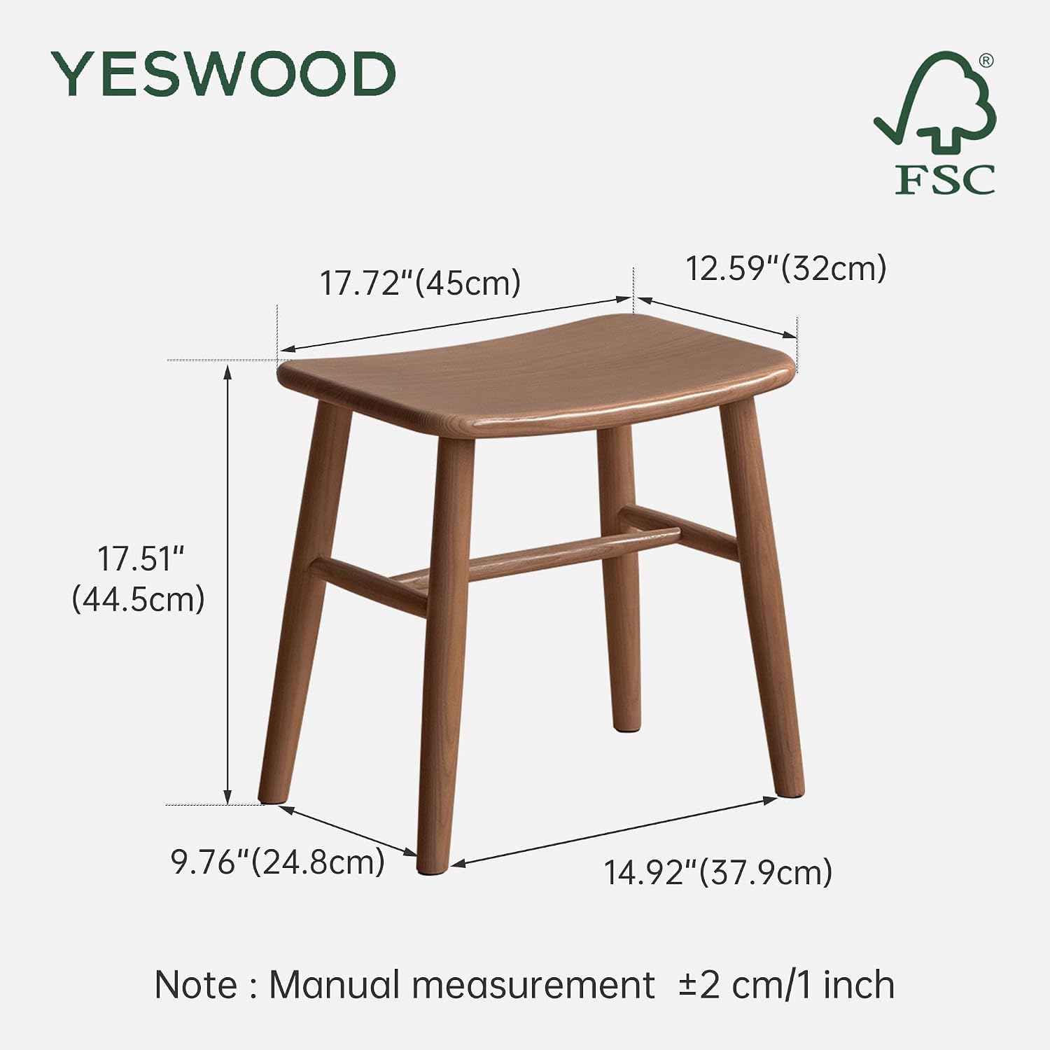 YESWOOD Small Vanity Stool, Black Walnut Wood Makeup Chair, Curved Surface Footstool for Bedroom, Dining Room, Entryway, Walnut Color