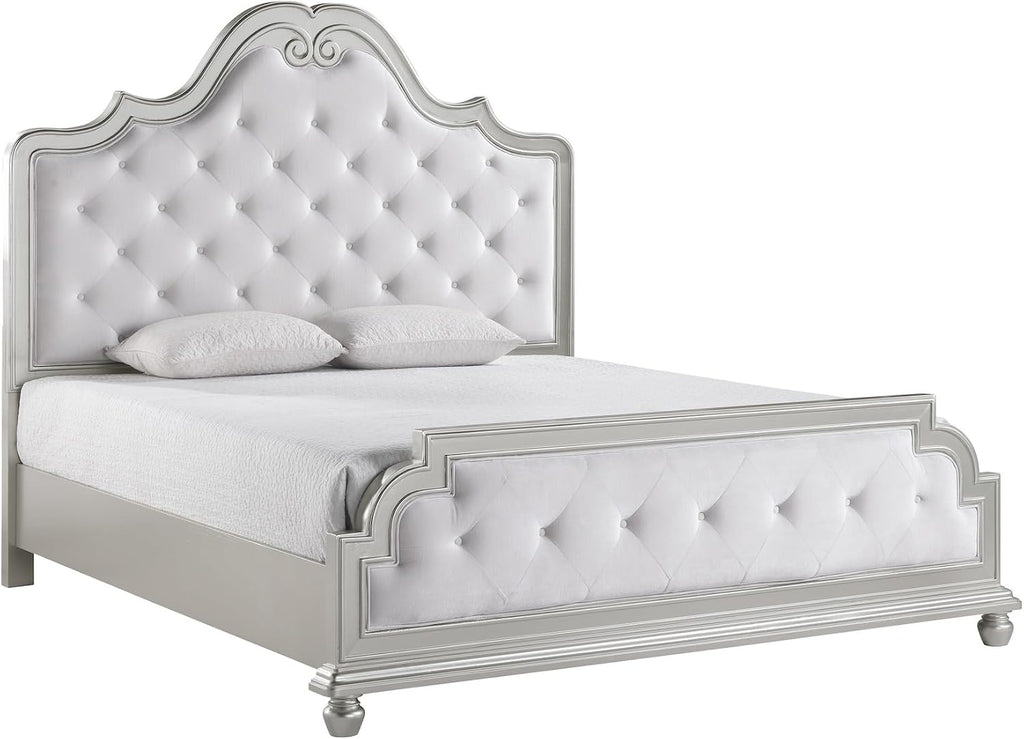 First of a Kind Roma Silver Finish Traditional 4 Piece King Bedroom Set with Upholstered Tufted Headboard Classic European Style Coordinated Furniture Collection