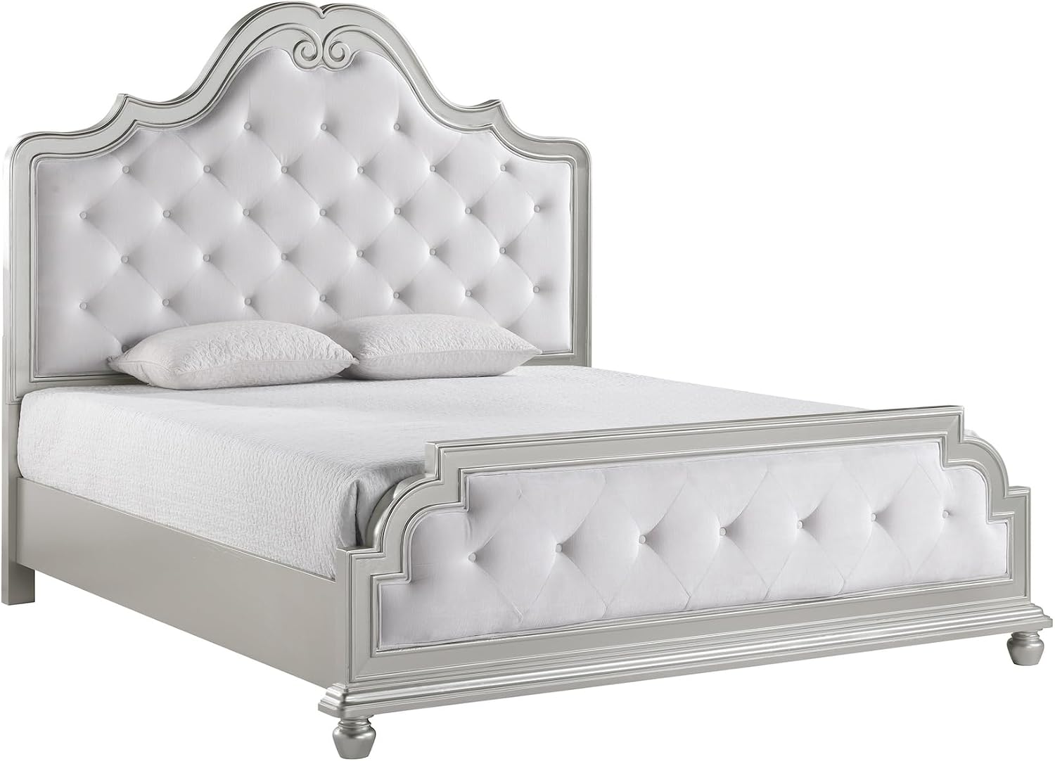 First of a Kind Roma Silver Finish Traditional 4 Piece King Bedroom Set with Upholstered Tufted Headboard Classic European Style Coordinated Furniture Collection