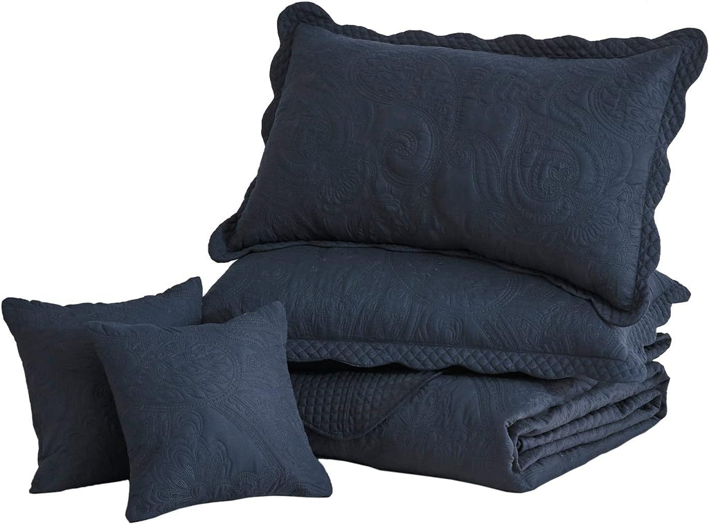 Oversized King Bedspread 138x122 Extra Wide, Paisley Pattern Design, Lightweight Bedding Cover, Reversible, 5 Piece, 100% Microfiber, California/Alaskan King, Navy Blue