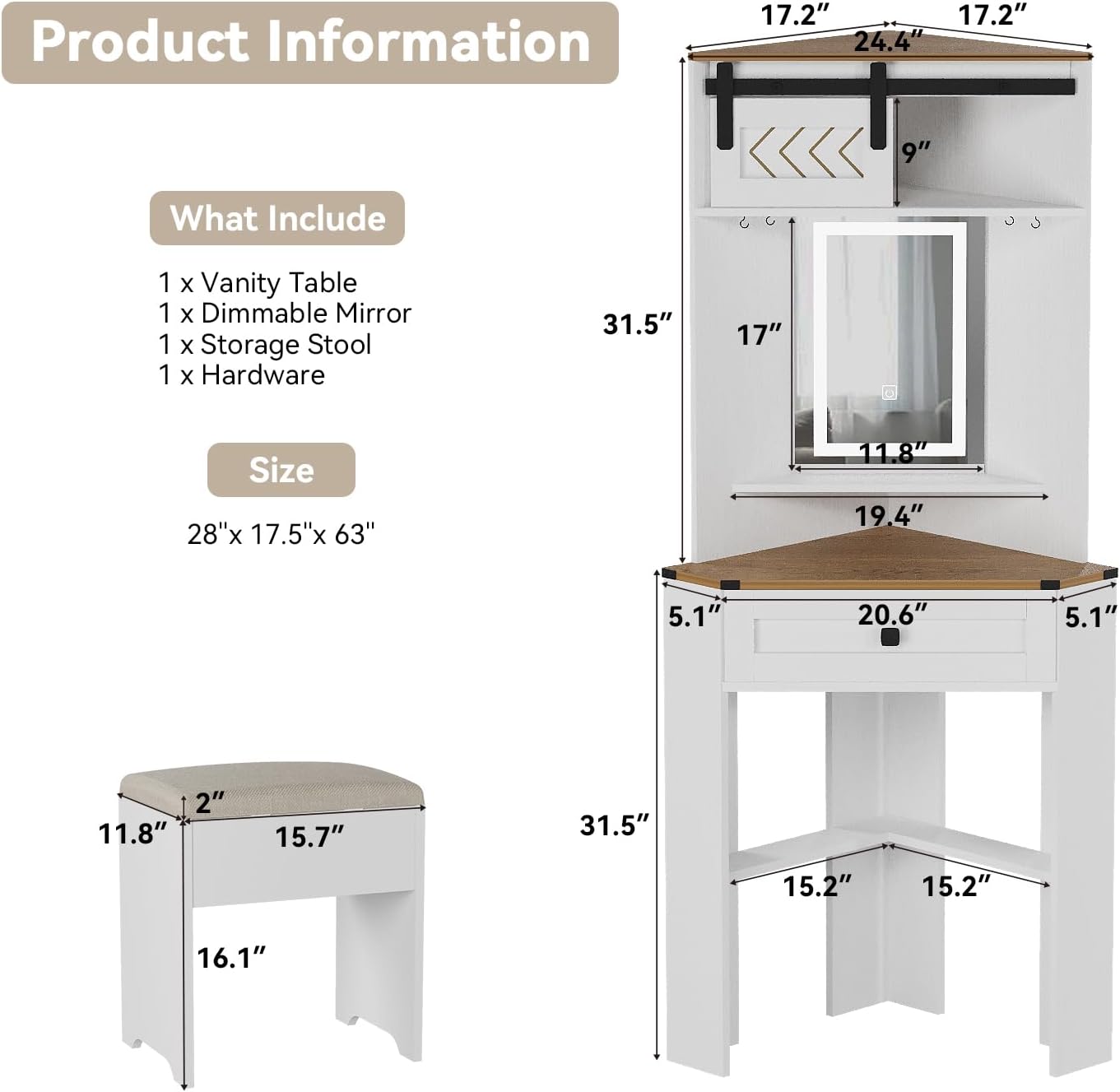 ARTETHYS Small Vanity Desk Set with Lights and Mirror Makeup Vanities with Drawers for Corner Space White Farmhouse Make up Dressing Table with Storage Stool for Bedroom