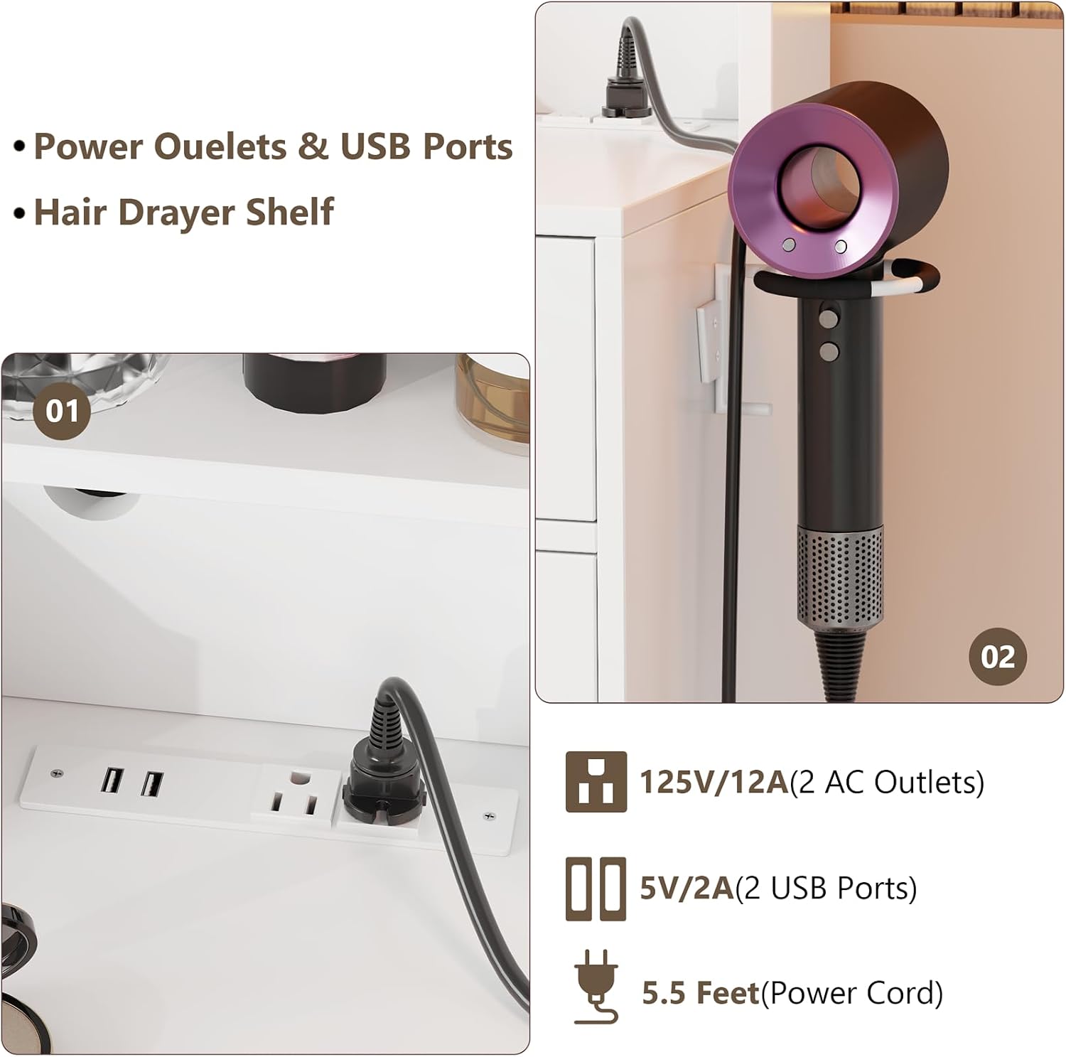 Makeup Vanity Desk with Mirror and Lights,Vanity Set with Mirror and Stool and Lights 3 Color,White Vanity Desk with Drawers,Make Up Table with Power Outlet,Dressing Table with Cabinet,Storage Shelves