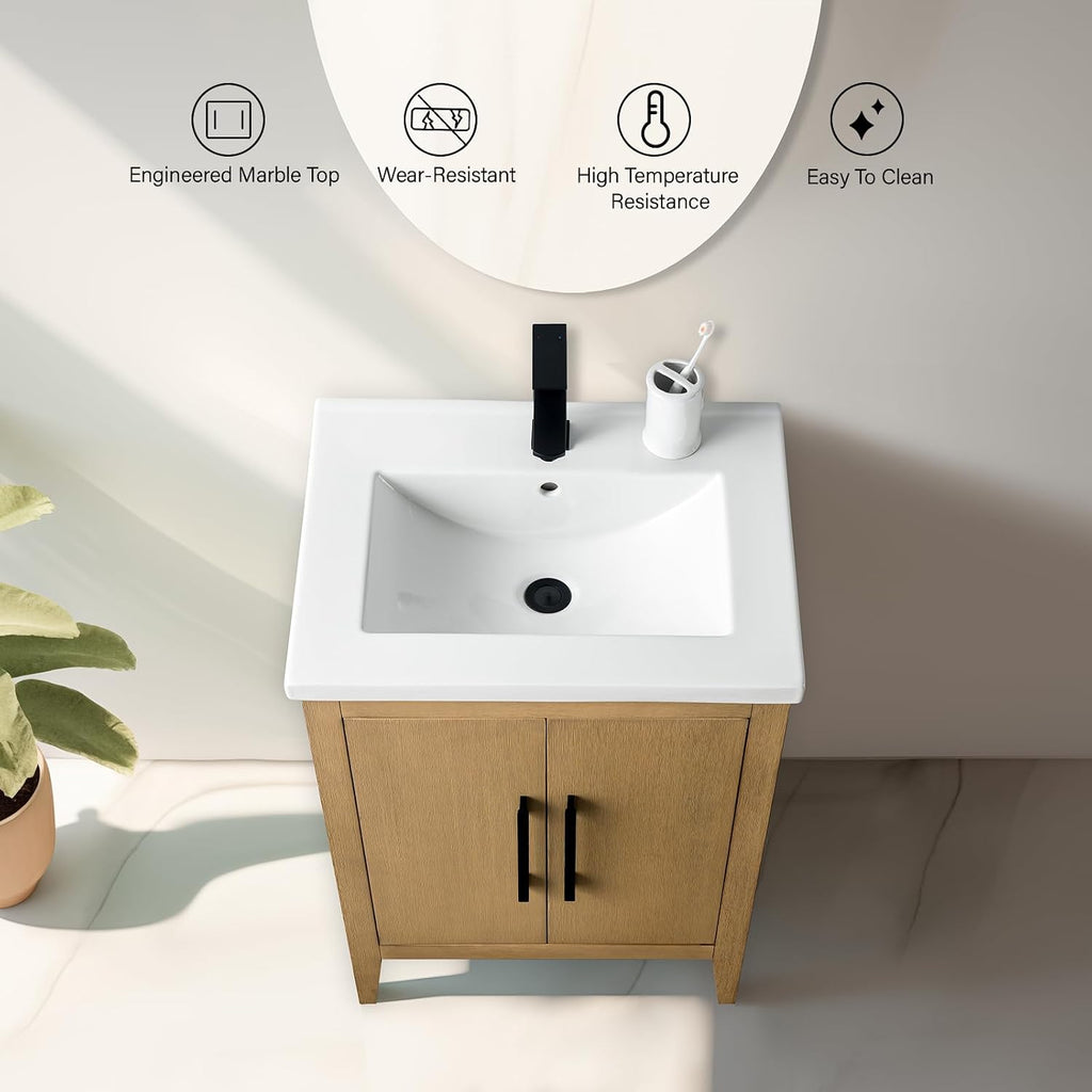 Vanity Art 24 inch Bathroom Vanity with Single Sink & Ceramic Top, Vanity Cabinet with Soft-Closing Doors, Solid Wood Frame, Natural Oak, VA9024-NO-BN1