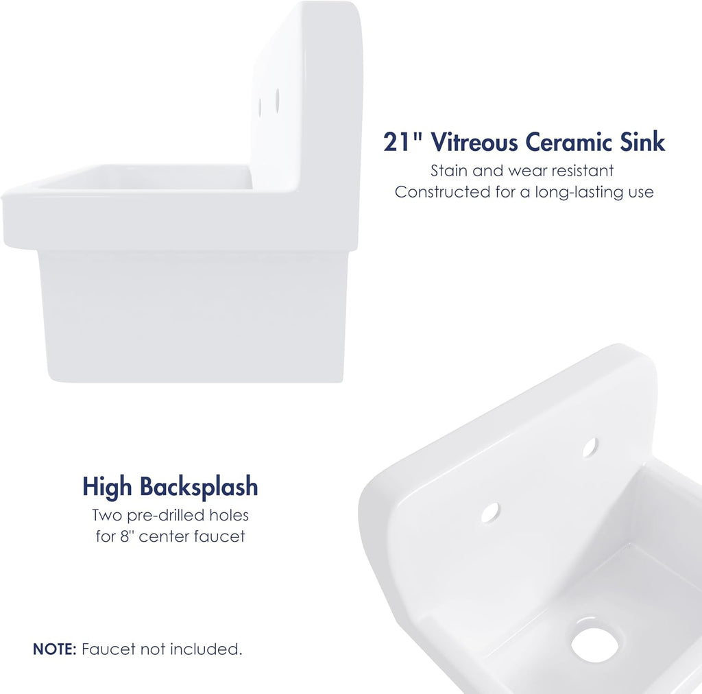 Eridanus 21 Inch Utility Sink, Wall Mounted Farmhouse Bathroom Sink, Modern Laundry Sinks Above Counter, 21' x 16' x 18.5' Floating Porcelain Ceramic Tub High Back for Garage, Washing Room, Kitchen