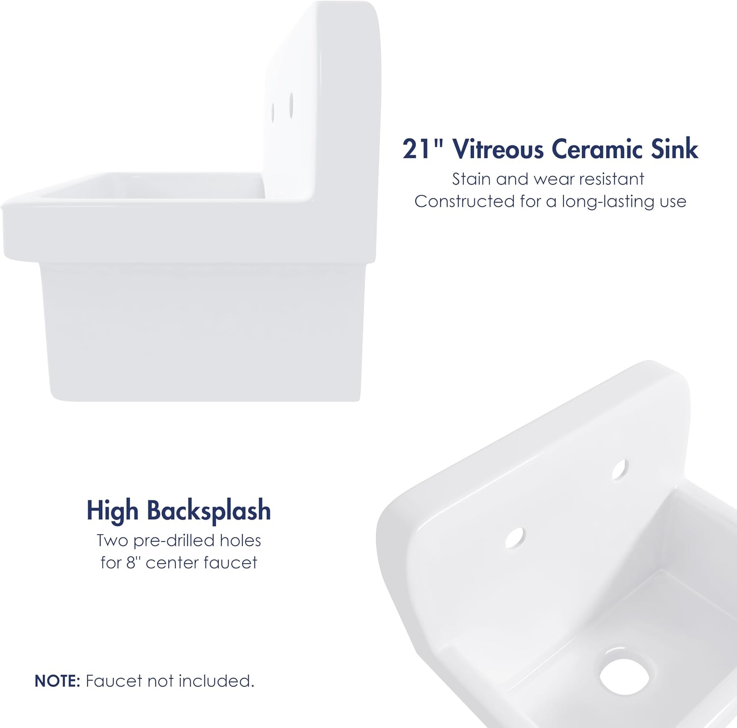Eridanus 21 Inch Utility Sink, Wall Mounted Farmhouse Bathroom Sink, Modern Laundry Sinks Above Counter, 21' x 16' x 18.5' Floating Porcelain Ceramic Tub High Back for Garage, Washing Room, Kitchen