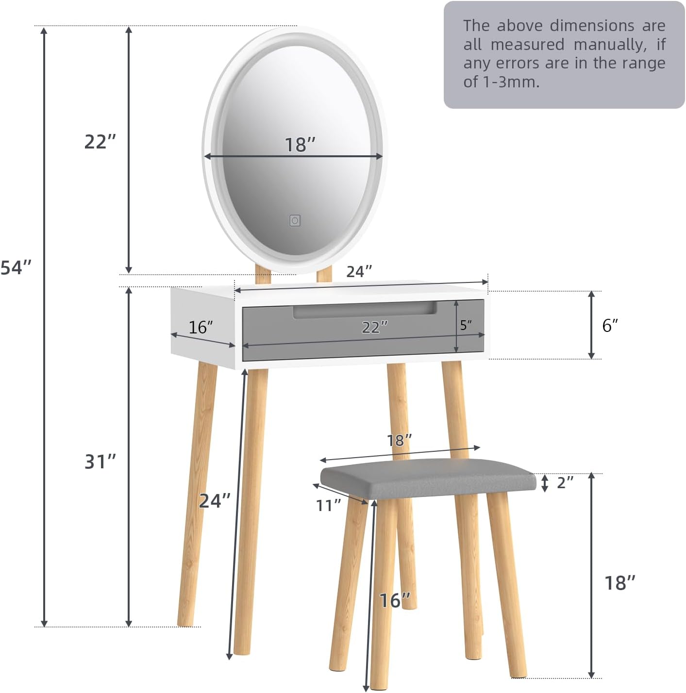 YOURLITE Small Vanity Desk with Mirror and Lights,Makeup Vanity Desk with Chair and Drawers for Small Space,Grey Vanity Dresser for Bedroom