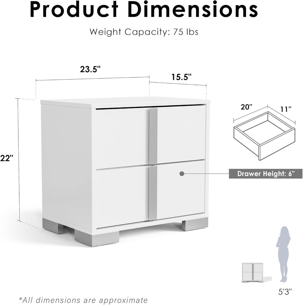 Furniture of America Alistair Modern Wood 3-Piece Bedroom Collection with Bed Frame and 2-Drawer Nightstands Set of 2, Box Spring Required, White, Queen