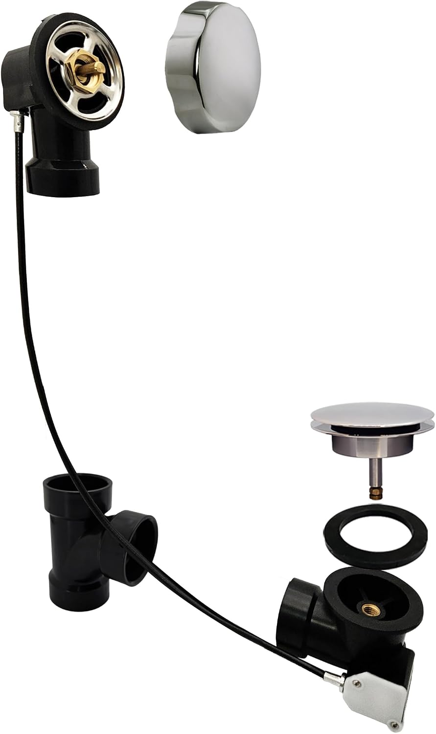 Westbrass A50A27-05 27' SCH. 40 ABS Cable Driven Bath Drain Trim Kit with Rotary Overflow Cover Knob and Pop-Up Stopper, Polished Nickel