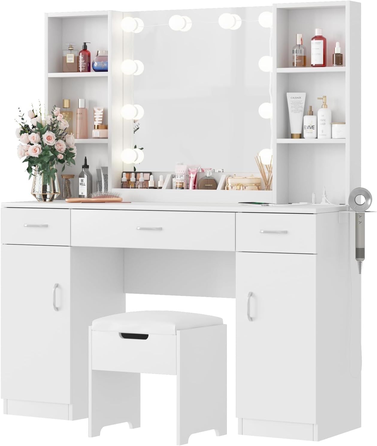 Vabches Makeup Vanity Table with Lighted Mirror & Power Strip, Large Vanity Set Vanity Desk with Storage Stool, 3 Lighting Modes, Brightness Adjustable, 45.2in(L)