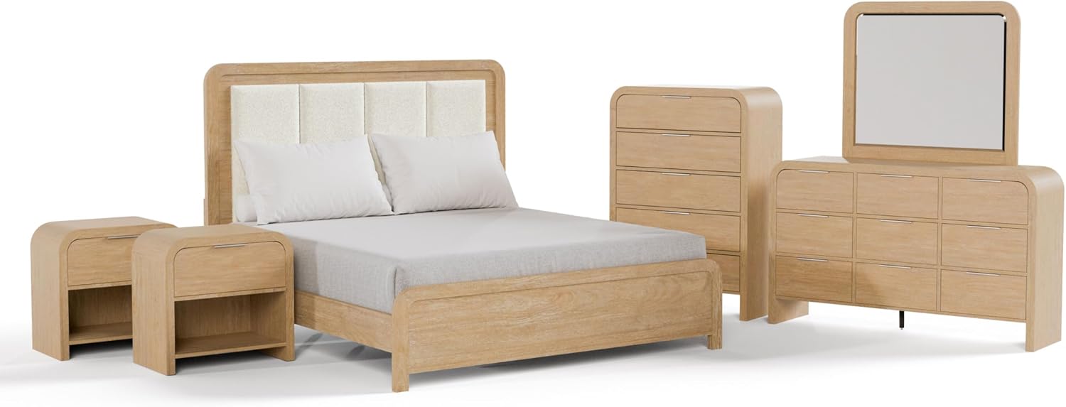 Furniture of America Verena Boho Solid Wood 6-Piece Queen Panel Bedroom Set with Channel Padded Headboard, Metal Side Glide, Finger Pulls and Beveled Mirror, Box Spring Needed, Natural