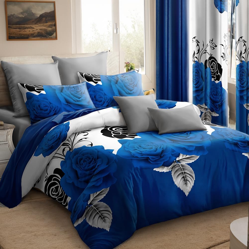 Elegant Blue Rose Floral Queen Light Comforter Set, Luxury 9-Piece Bed in a Bag Queen Bedspread with Matching Curtains Ultra Soft & Breathable Botanical Bedding, All-Season Decor for Master Suite