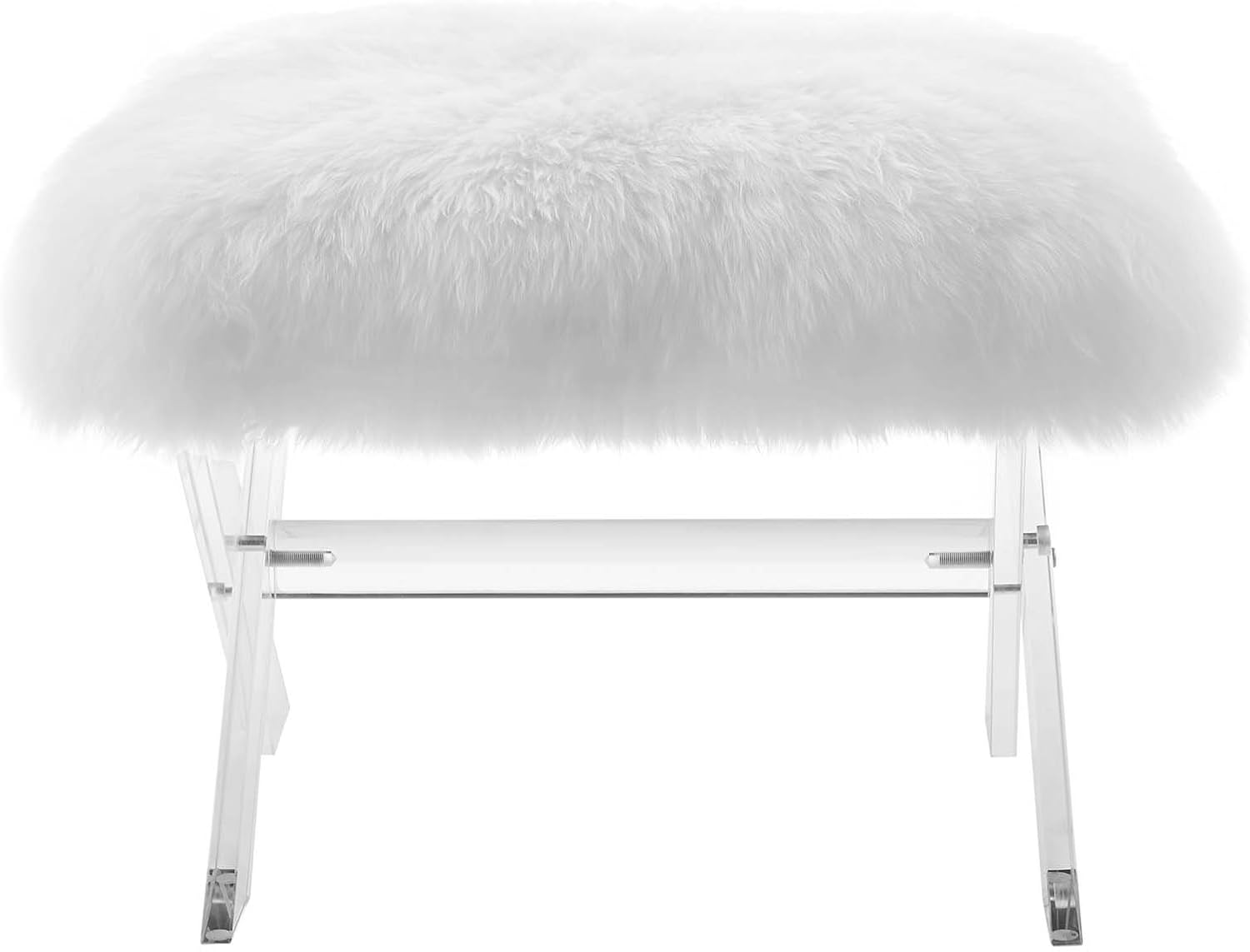 Modway Swift Acrylic X-Base Entryway Modern Bench With Authentic Pure White Sheepskin