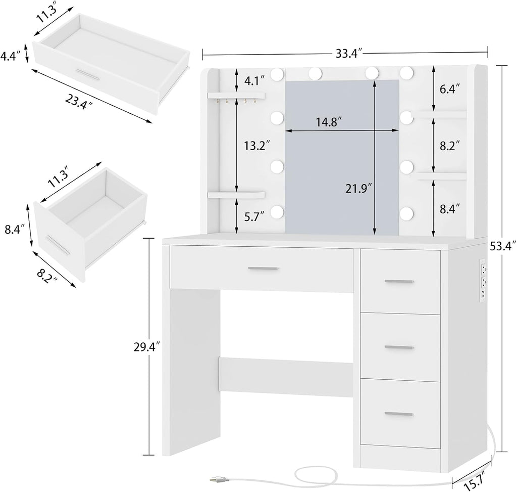 Quimoo Vanity Desk with Mirror and Lights, Makeup Vanity with Power Outlet and 4 Drawers & 6 Shelves & 5 Hooks, 3 Color Modes & Adjustable Brightness, White Vanity for Bedroom