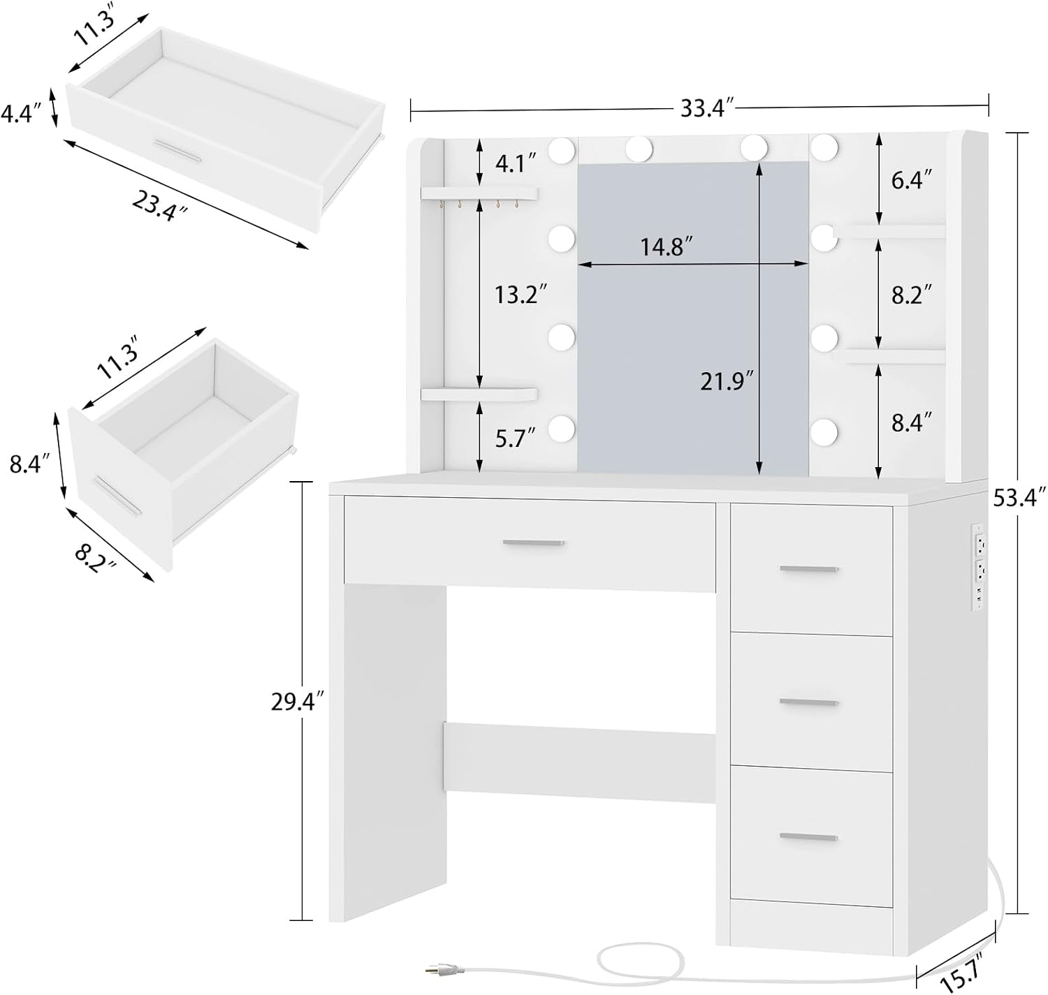 Quimoo Vanity Desk with Mirror and Lights, Makeup Vanity with Power Outlet and 4 Drawers & 6 Shelves & 5 Hooks, 3 Color Modes & Adjustable Brightness, White Vanity for Bedroom