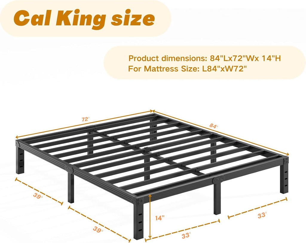 14 Inch California King Bed Frames No Box Spring Needed, Metal Platform Cal King Bed Frame, Heavy Duty, Easy Assembly and Noise Free, Black