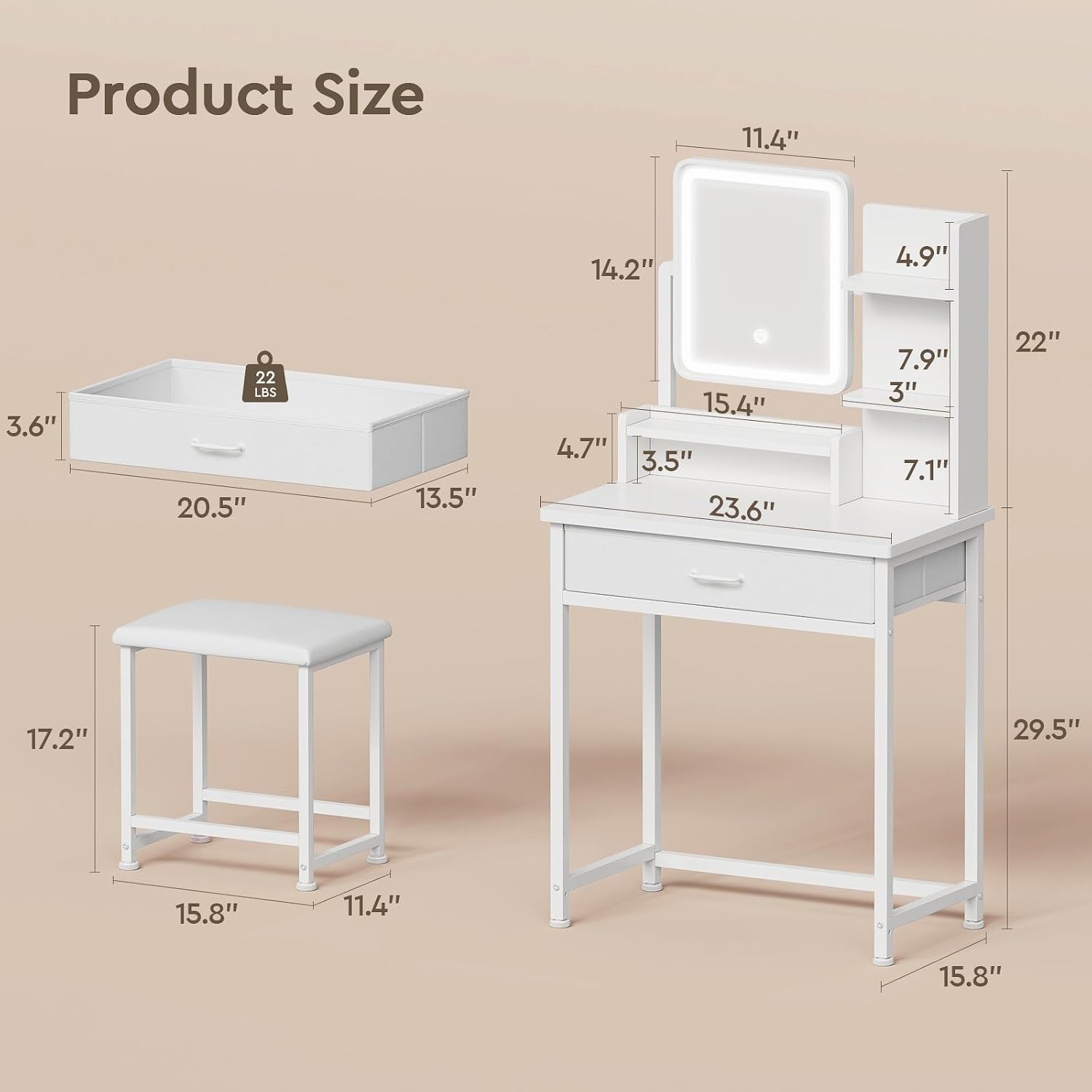 YeTom Makeup Vanity Desk with Mirror and Lights, Small Vanity with Fabric Storage Drawer & Chair & Shelves, White Compact Makeup Vanity Set for Bedroom