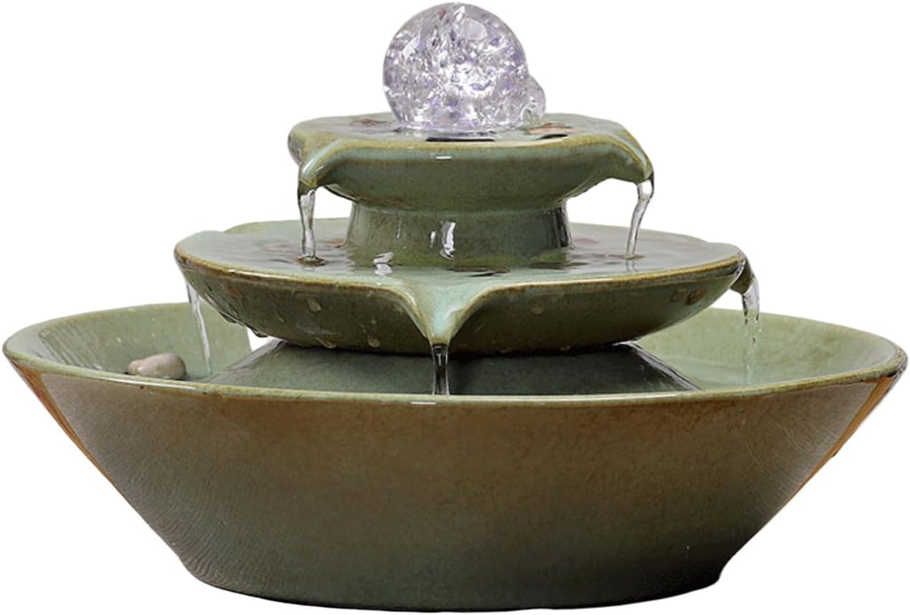11.8' Indoor Tabletop Fountain, Ceramic Multi-Tier Waterfall with Crystal Ball & Fish Tank Feature, Free 10pcs Natural Crystals, Zen Home/Office/Entryway Decor, Housewarming Gift(Green)