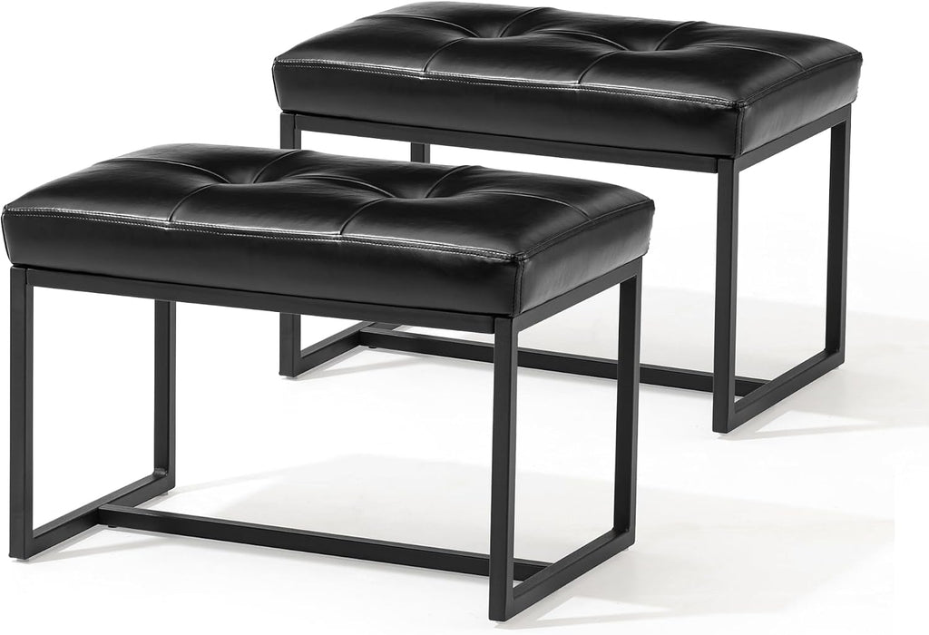 Glitzhome Ottoman Bench Pack of 2, Modern PU Leather Vanity Stools Chairs with Metal Frame, Makeup Stool Padded Foot Rest Stool for Living Room Vanity, Entryway, Bathroom, Black