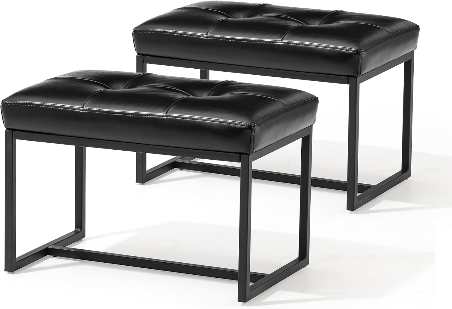Glitzhome Ottoman Bench Pack of 2, Modern PU Leather Vanity Stools Chairs with Metal Frame, Makeup Stool Padded Foot Rest Stool for Living Room Vanity, Entryway, Bathroom, Black