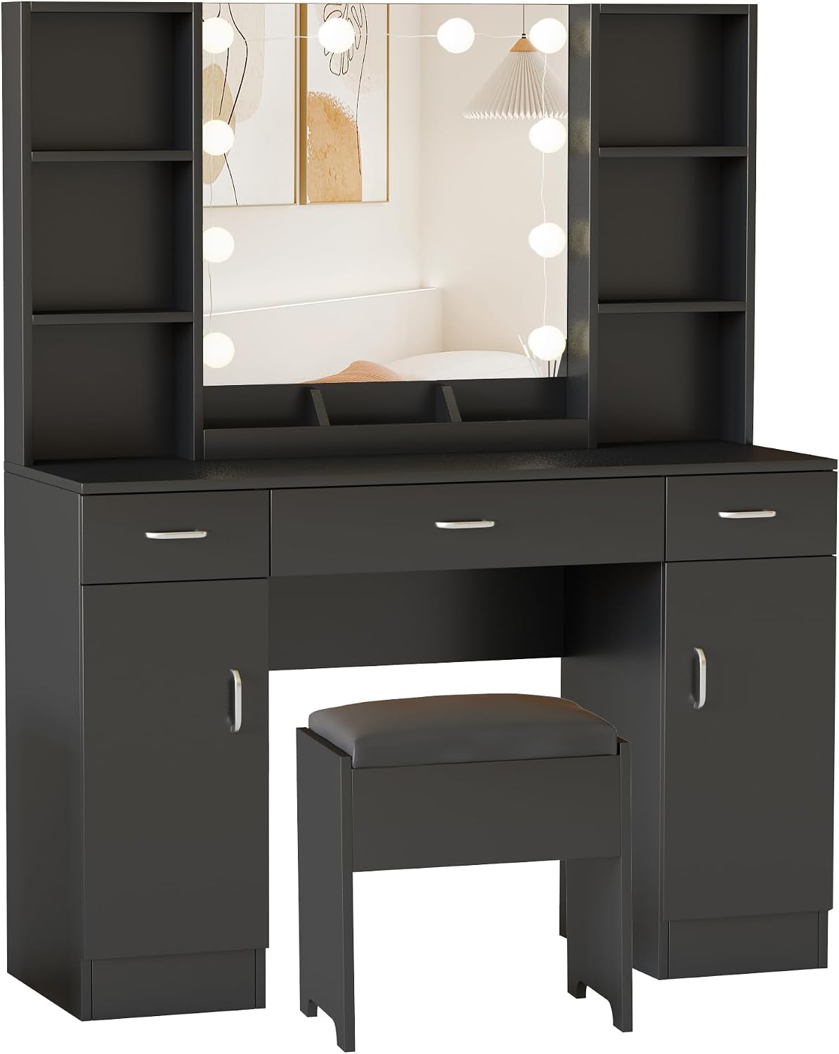 Vabches Vanity Desk with Lighted Mirror, Large Makeup Vanity Table Set with 3 Drawers & 2Cabinets, 3 Lighting Modes, Black Dress Table with Storage Stool, 45.2inch (W)