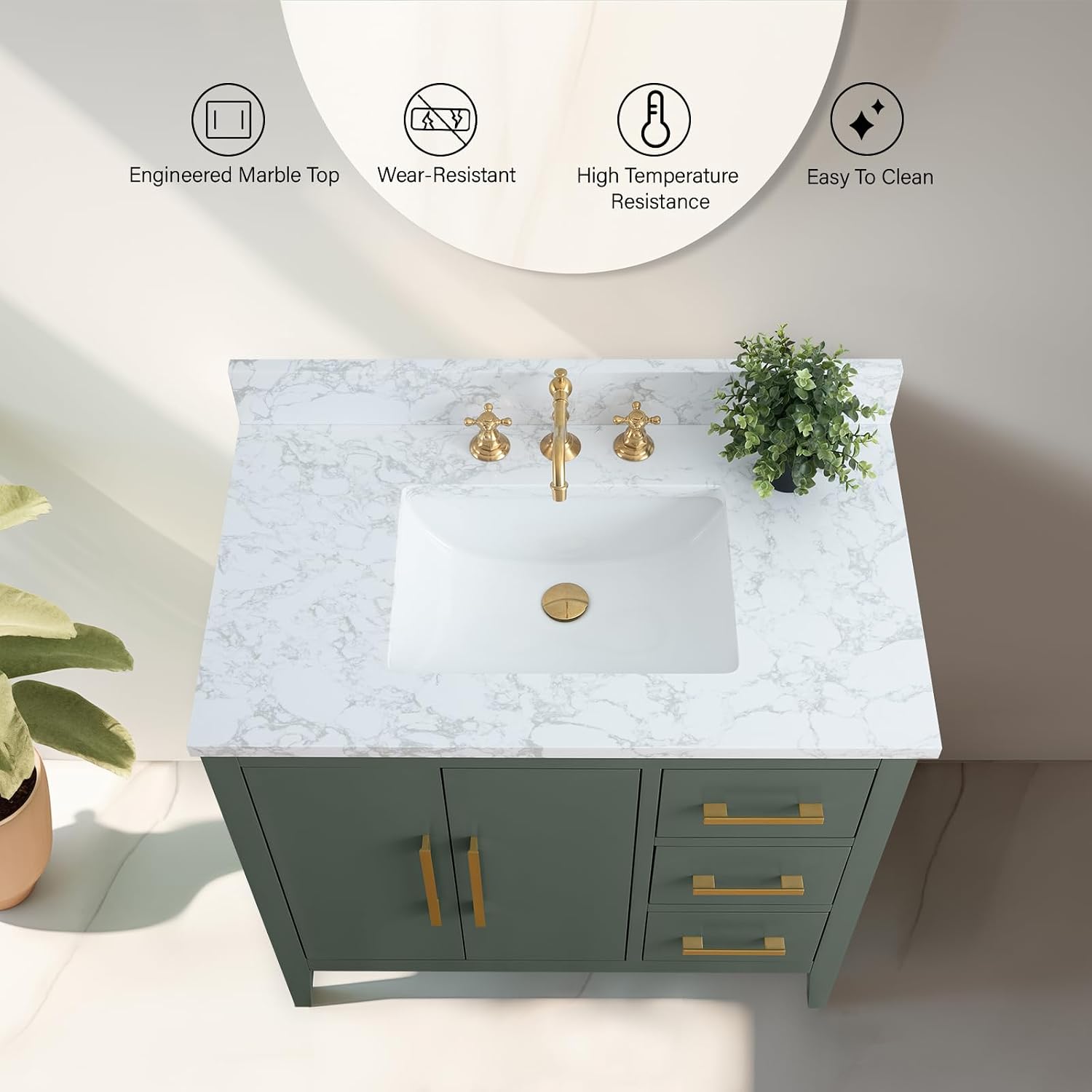 Vanity Art 36 inch Bathroom Vanity with Single Sink & Ceramic Top, Vanity Cabinet with Soft-Closing Doors, Drawers, Solid Wood Frame, Vintage Green, VA9036-VG-BN1