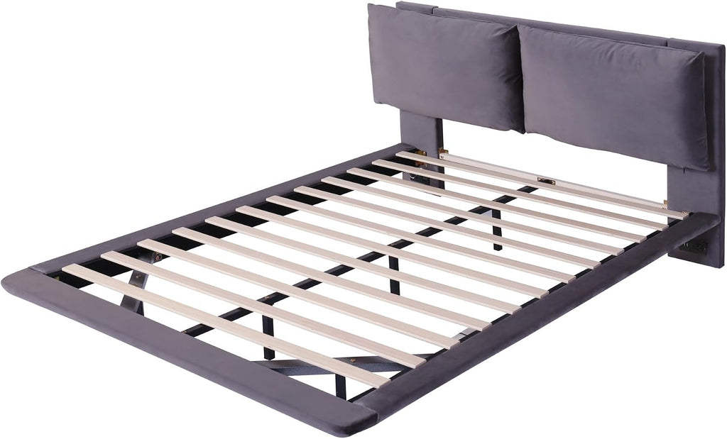 Ball & Cast Queen Size Floating Bed Frame,Velvet Upholstered Platform Bed with Sensor Light and 2 Large Backrests,Two Sets of USB Port,Slat Support,No Box Spring Needed,for Apartment,Bedroom,Gray