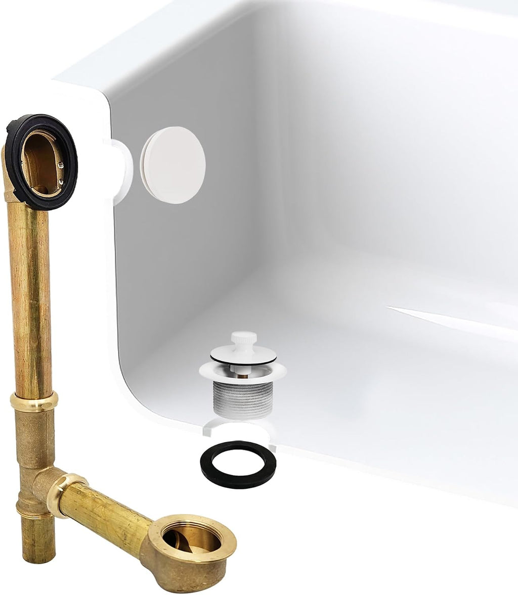 Westbrass A321H-50 14' Brass Bath Waste & Overflow Assembly with Twist & Close Drain Plug and Illusionary Faceplate, Powder Coat White