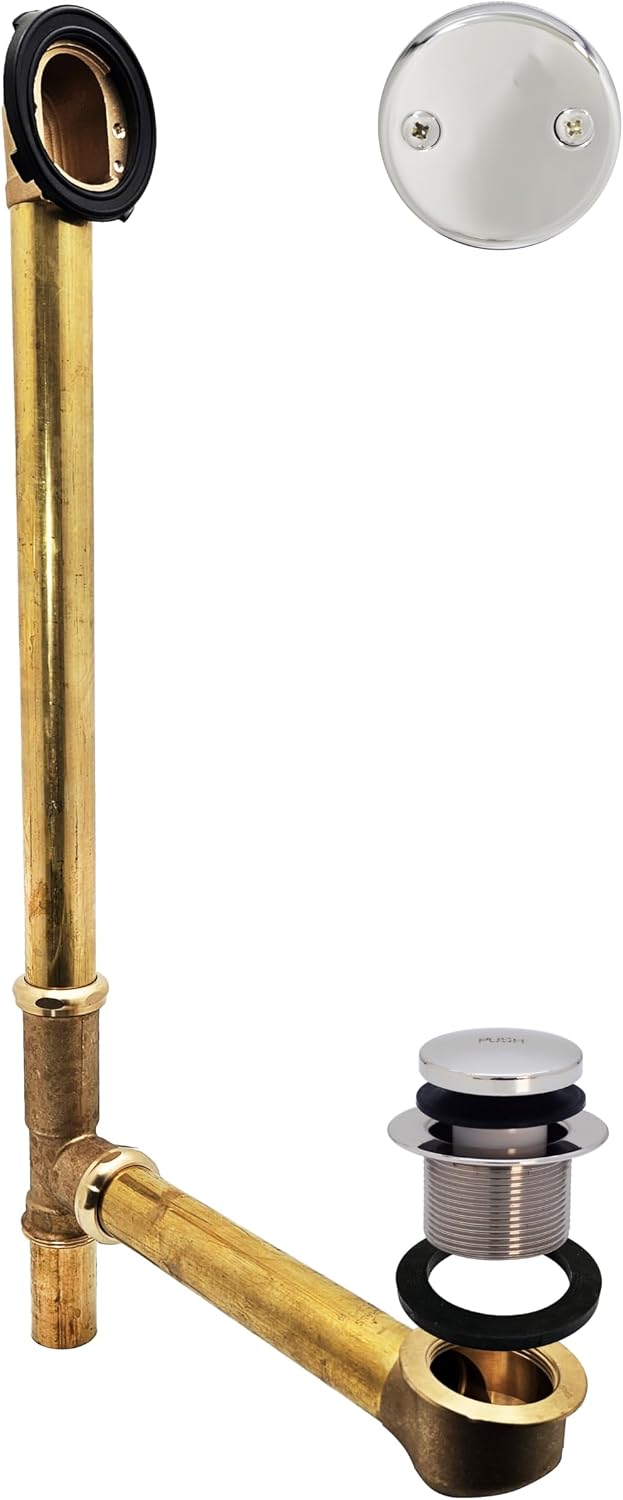 Westbrass A326-26 22-1/2' Brass Bath Waste & Overflow Assembly with Tip-Toe Drain Plug and 2-Hole Faceplate, Polished Chrome
