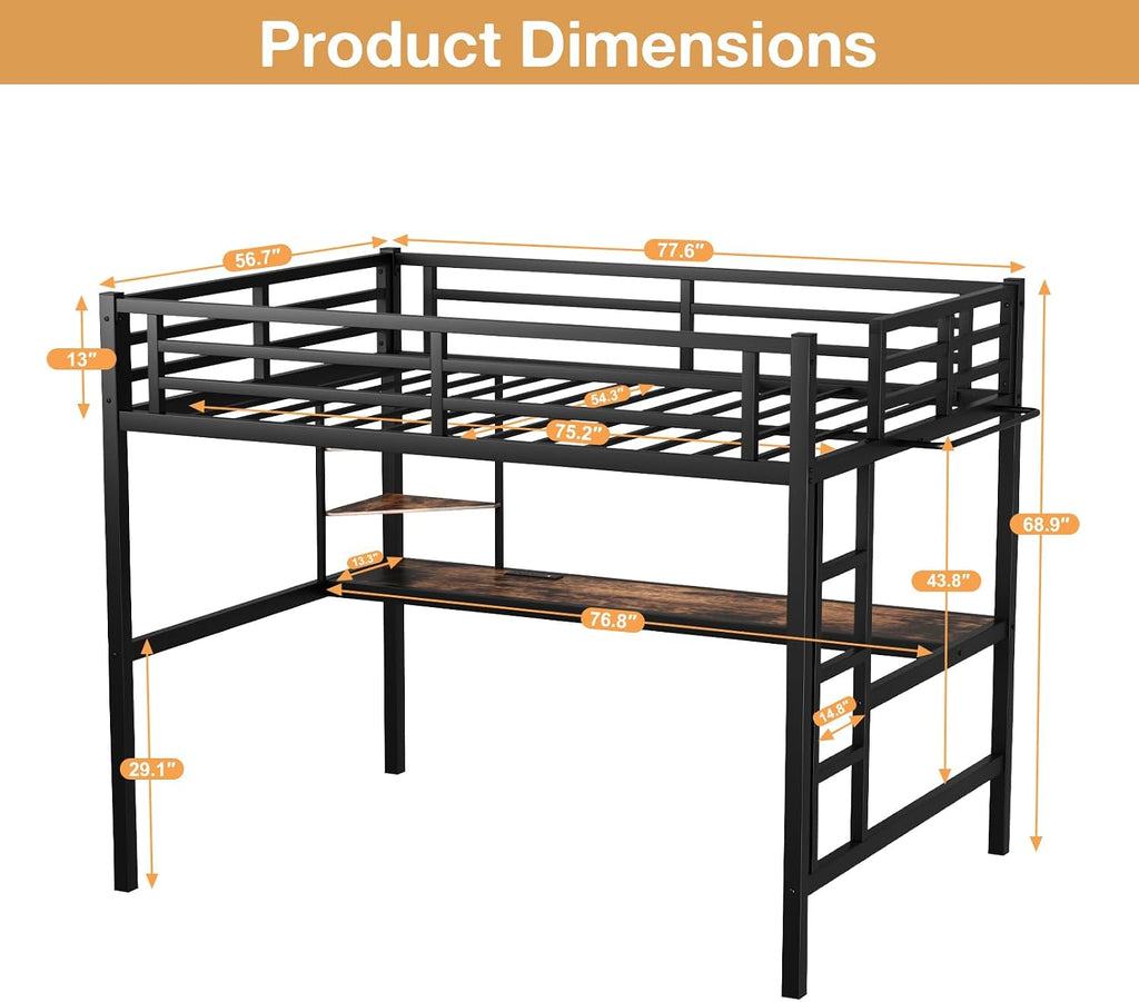 Full Size Metal Loft Bed with Desk, LED Lights & USB Charging Station, Sturdy Noise-Free High Loft Bed Frame with Safety Guardrails, Space-Saving Loft Bedframe for Adults, Kids, Teens, Black (Full)