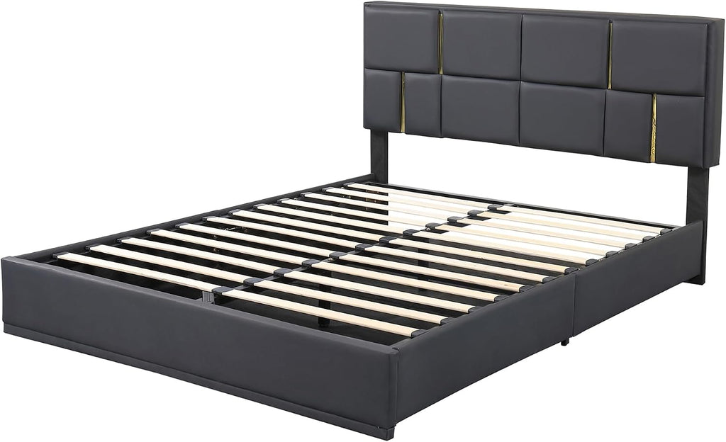 Queen Size Hydraulic Lift Up Storage Bed Frame with Storage Bench, PU Upholstered Platform Beds with Headboard, Two Piece Bedroom Sets, Wooden Slats Support, No Box Spring Needed (Black)