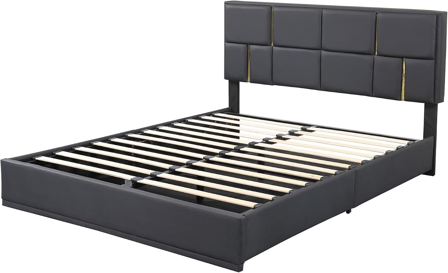 Queen Size Hydraulic Lift Up Storage Bed Frame with Storage Bench, PU Upholstered Platform Beds with Headboard, Two Piece Bedroom Sets, Wooden Slats Support, No Box Spring Needed (Black)