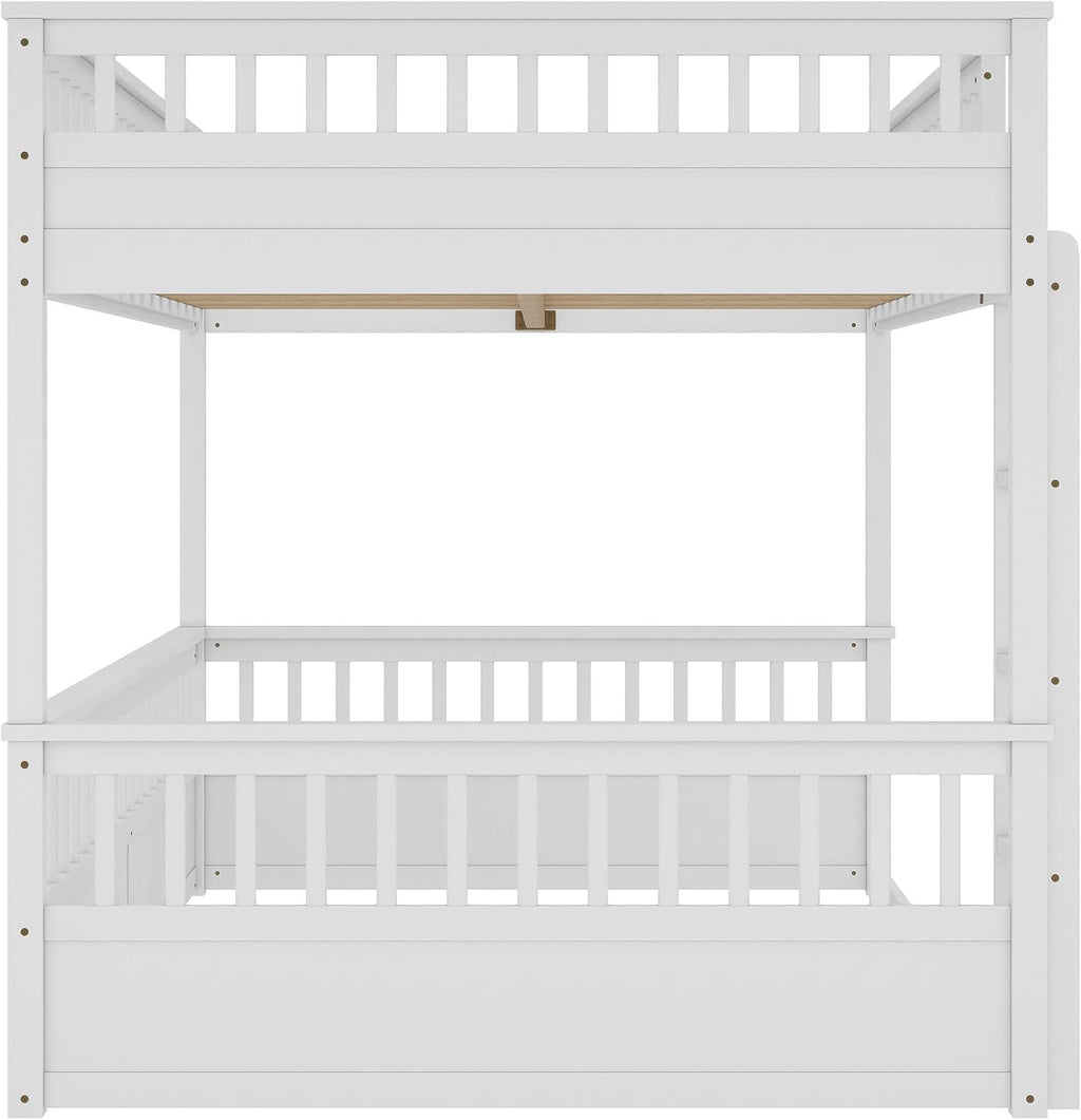 RUNNA Rustic Solid Wood Bunk Bed for Kids Teens with Ladder and Guardrails, Detachable Split Design,No Box Spring Needed (Off White, Queen Over Queen)
